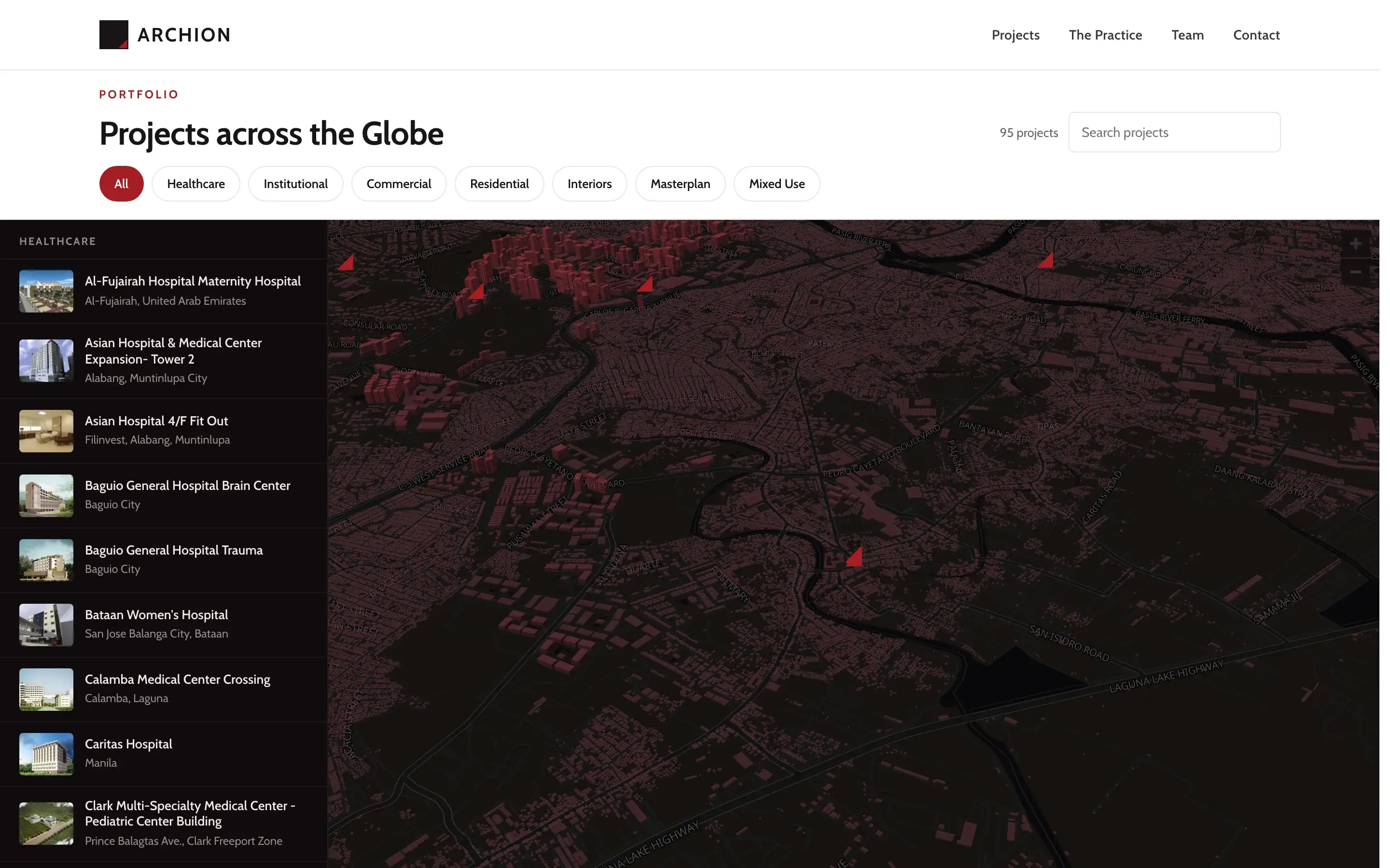 Archion Architects projects page, a 3D map with projects plotted across the country
