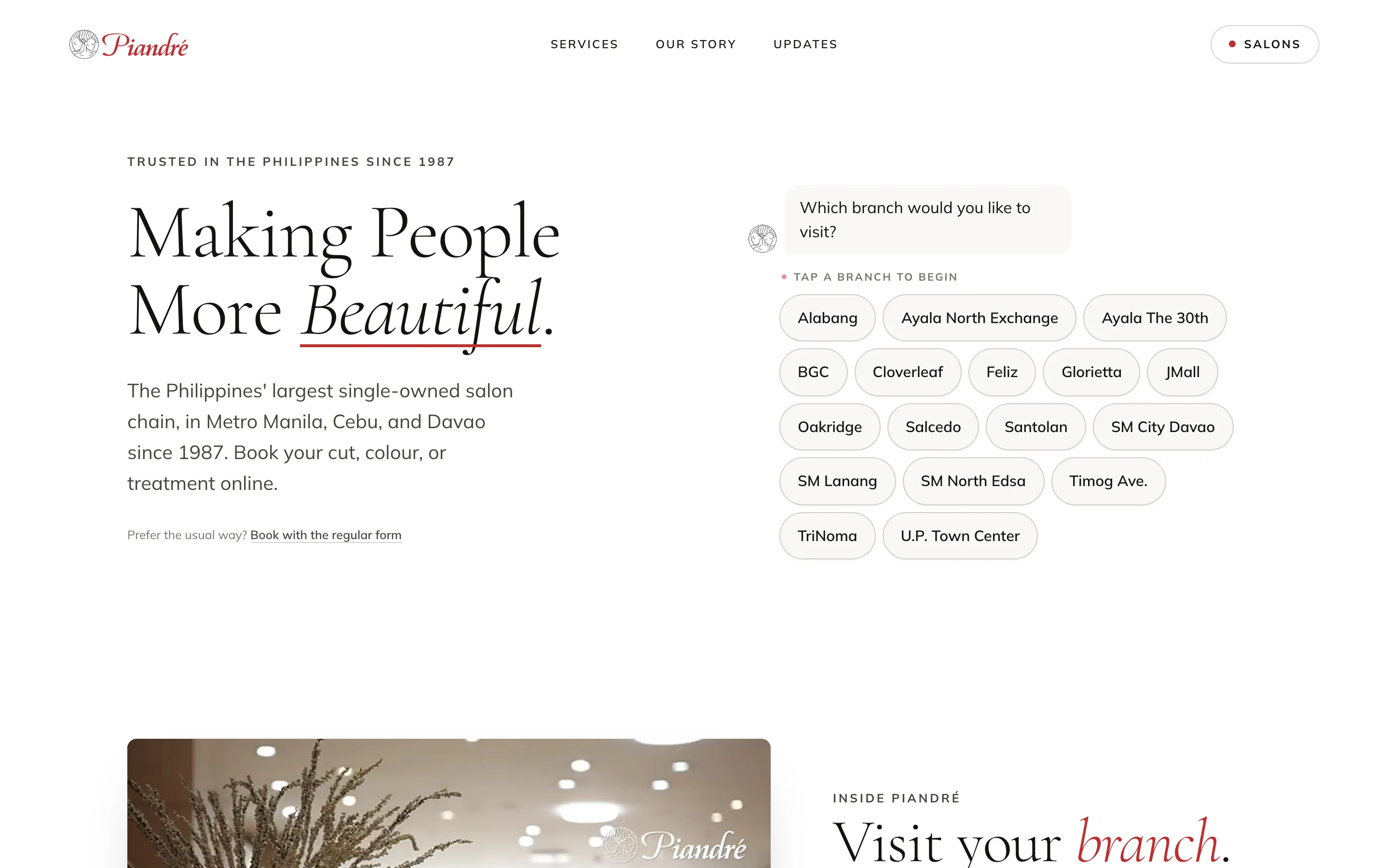 Piandre salon website homepage