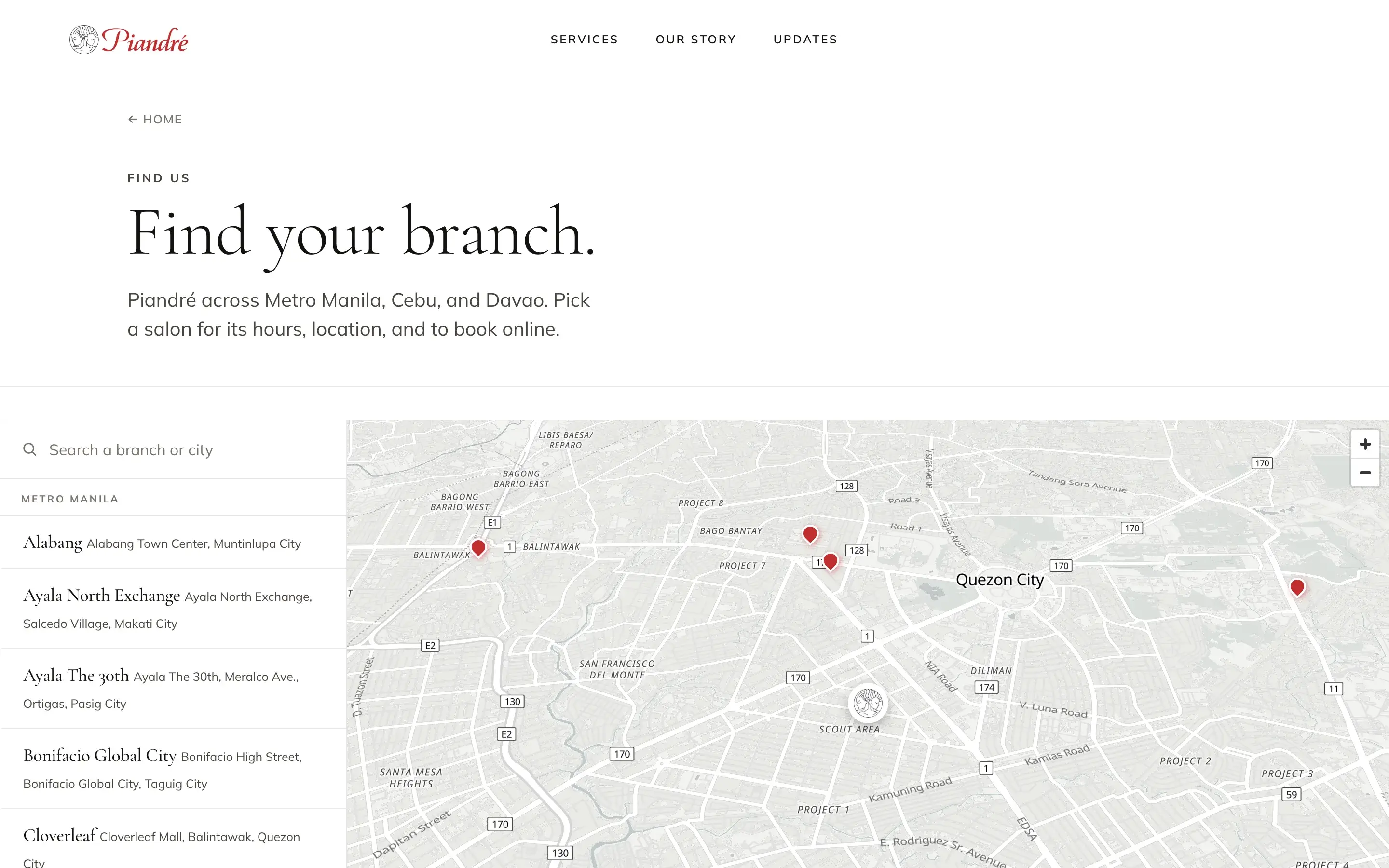 Piandre salons page with a 3D map of all seventeen branches